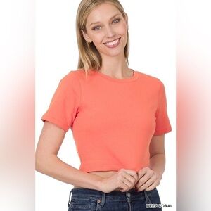 Zenana Cotton Short Sleeve Round Neck Cropped Top, Deep Coral